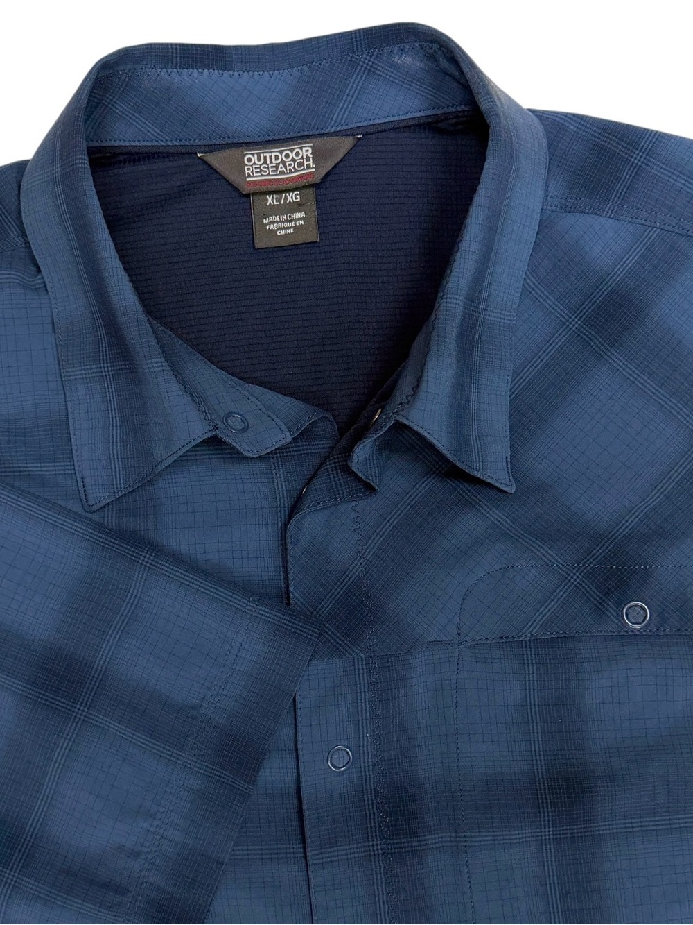 Outdoor Research Shirt Mens XL Blue Plaid Astroman Short Sleeve Sun Snap Hiking